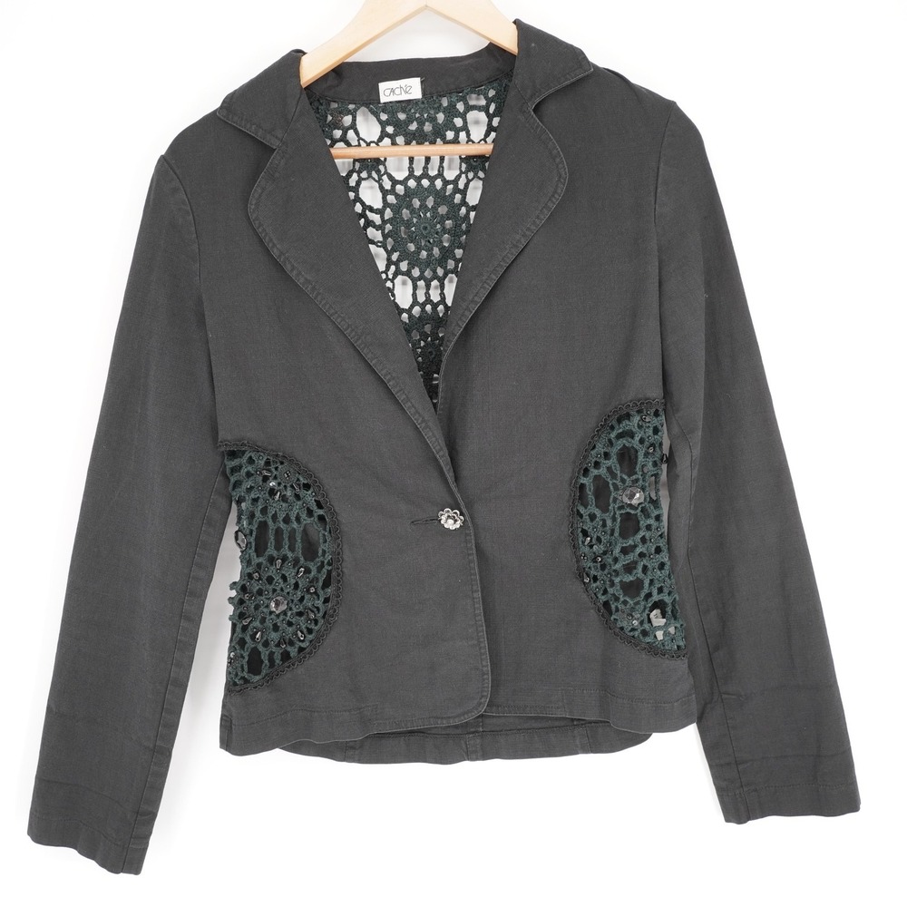 Caché Blazer Womens S Black Y2K Beaded Crochet Twill Cotton Blend Boho Button